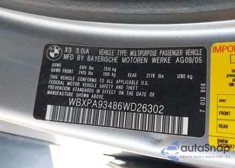 2006 BMW X3 3.0I z USA, uszkodzony, nr VIN WBXPA93486WD26302